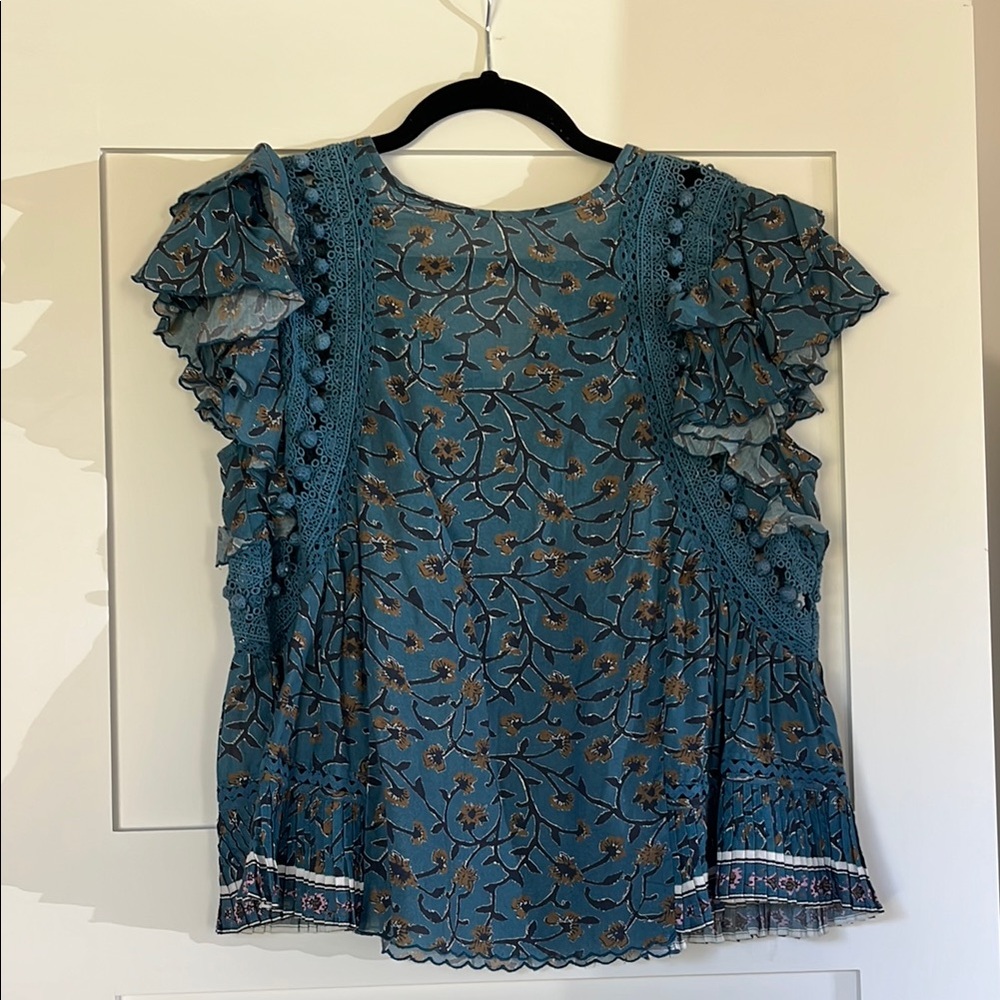 Sea New York Blue Ruffled Flutter Sleeve Blouse